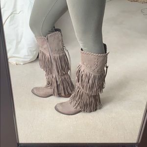 NEVER WORN grey suede fringe tall boots